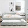 Twin Size Daybed, Upholstered Sofa Bed,The Bottom Pulls Out To Form A Bed ,Striped Corduroy Fabric- Beige 86x43.5x34