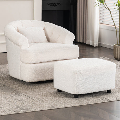Swivel Chair With Ottoman, Modern Luxury Velvet Swivel Accent Chair, Comfy Round Armchair, Single Sofa Armchair With Lounge Seat For Bedroom Office Reading Spaces,Set Of 1,Off White