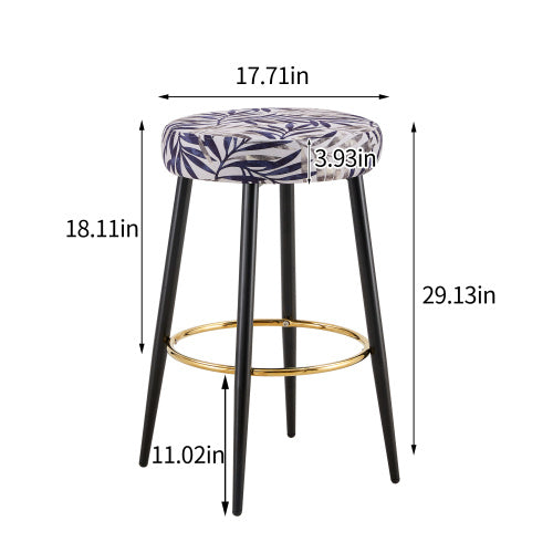 Counter Height Bar Stools Set Of 2, PU Kitchen Stools Upholstered Dining Chair Stools 24 Inches Height With Golden Footrest For Kitchen Island Coffee Shop Bar Home Balcony Silver Leaves Velvet