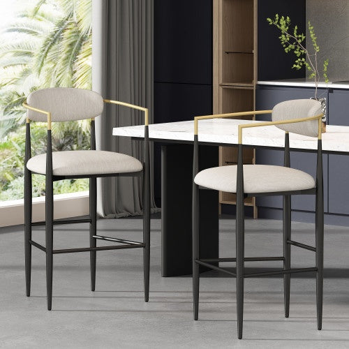 Barstools Set Of 2, Counter Height Upholstered Bar Stools With Back For Kitchen Island, Beige Faux PU Leather Seating Black Iron Legs 260LBS Weight Capacity