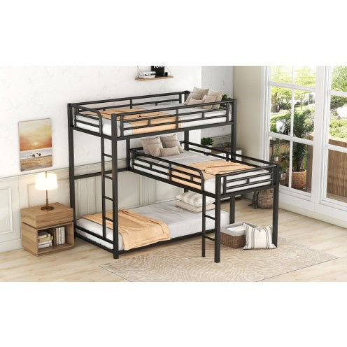 L-shaped Metal Triple Twin Size Bunk Bed, Black