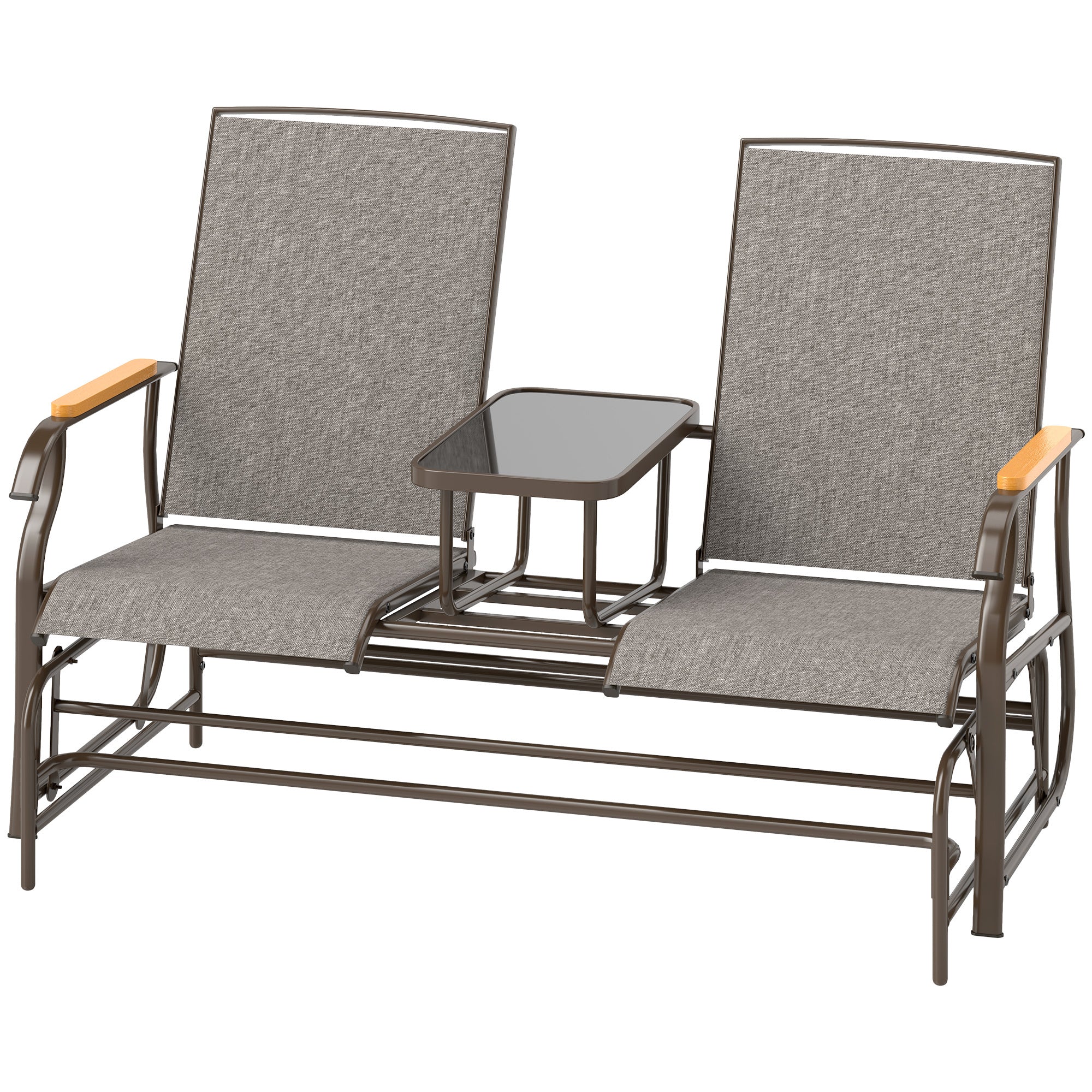 Outdoor 2-Person Glider Bench, Outside Glider Swing Chair Loveseat With Table, Steel Frame, Light Mixed Brown