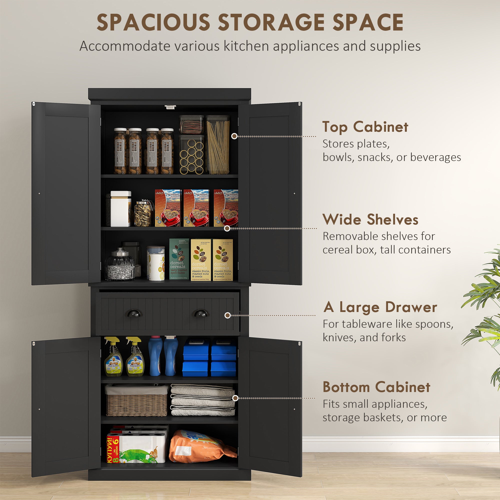72 Kitchen Pantry Storage Cabinet, Cupboard With 4 Doors And 3 Adjustable Shelves, Large Central Drawer, Black