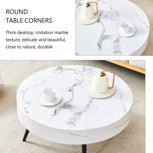31.5 White Marble-Patterned MDF Round Coffee Table With Black Metal Legs.Adjustable Feet,Coffee Table,Round Table Design,MDF Material,White Marble Pattern