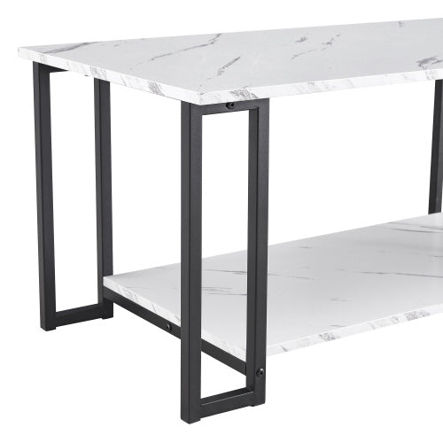 D&N Coffee Table, 2 Layers 1.5cm Thick Marble MDF Rectangle 39.37 L Tabletop Iron Coffee Table , Dining Room, Coffee Shop, Resterant, White Top, Black Leg