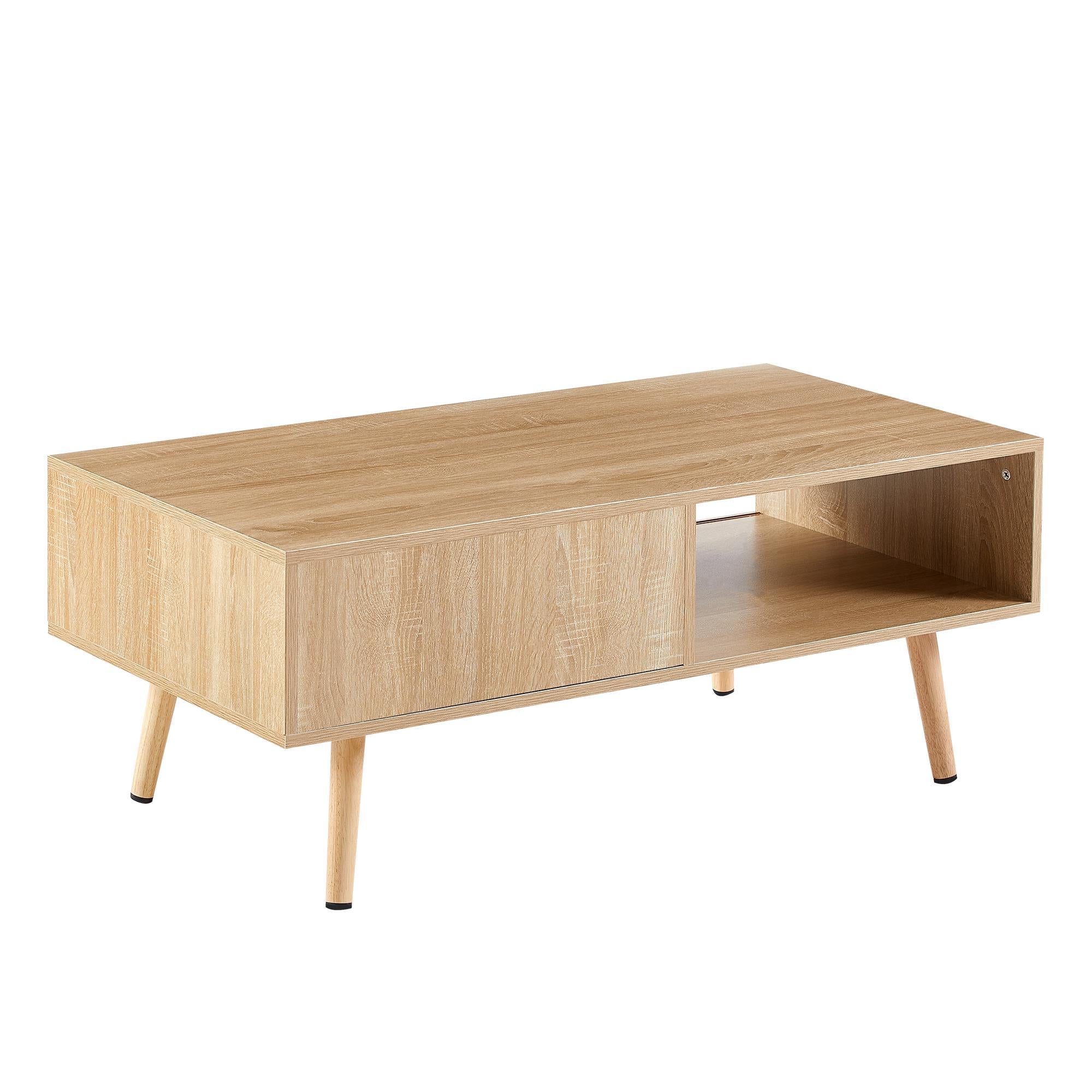 41.34 Inch Rattan Coffee Table, Sliding Door For Storage, Solid Wood Legs, Modern Living Room Table, Natural