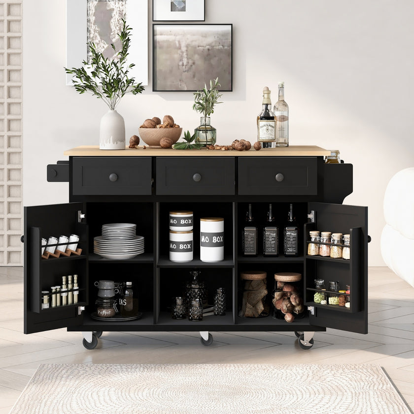 Kitchen Cart With Rubberwood Drop-Leaf Top, Cabinet Door, Storage Racks