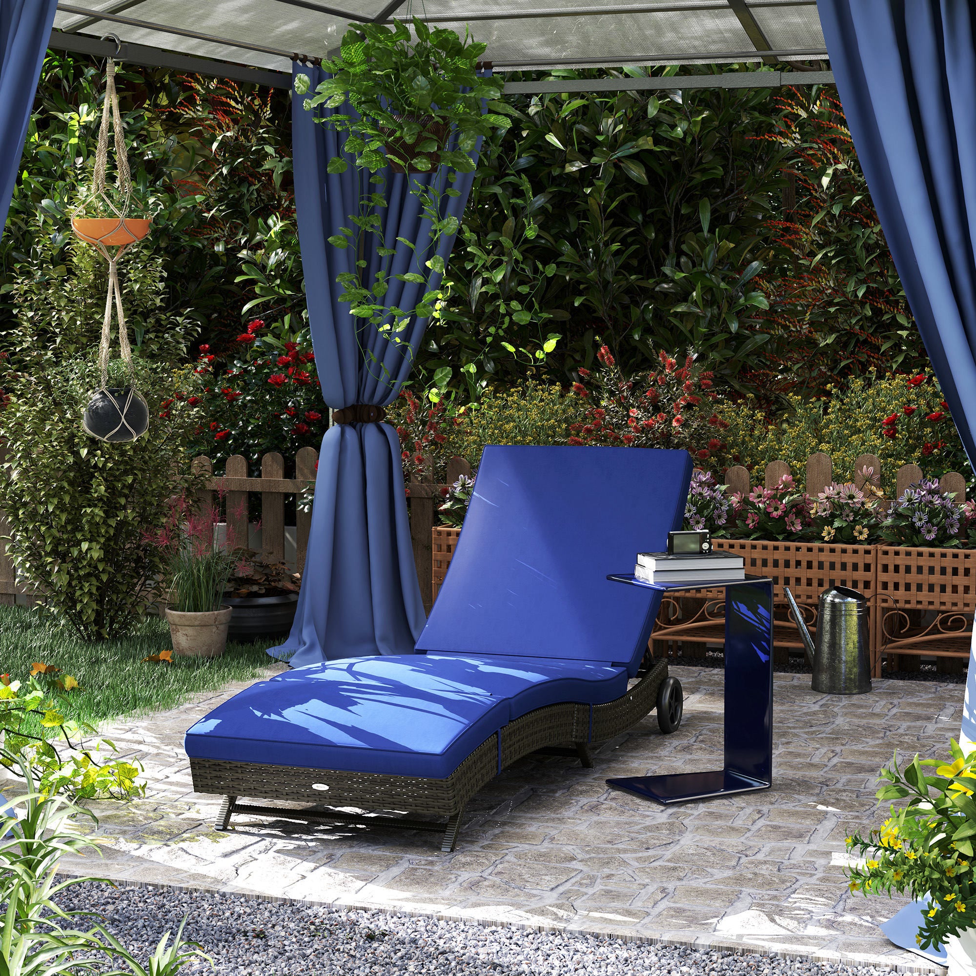 Patio Wicker Chaise Lounge Chair, Outdoor PE Rattan Sun Lounger With Adjustable Backrest And 2 Wheels, Dark Blue