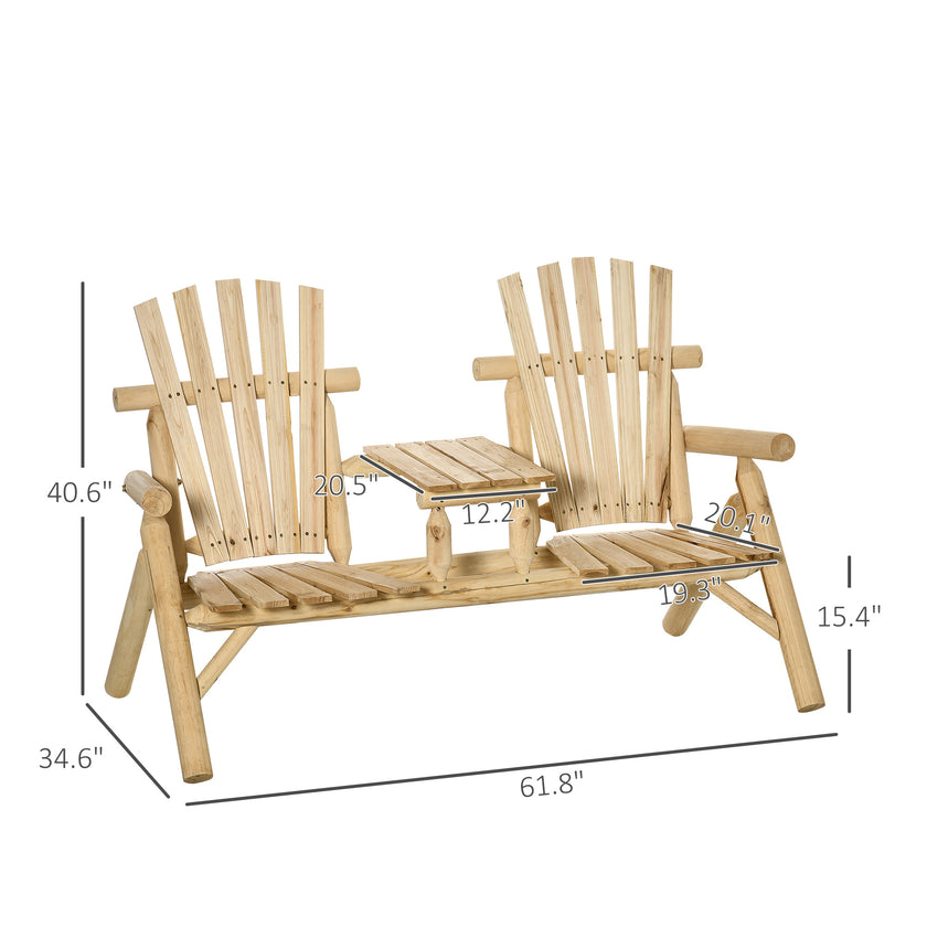Wooden Adirondack Chair With Center Table, 2-Seat Garden Chair For Lounging And Relaxing Outdoors Natural