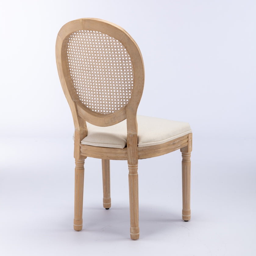A&A French Style Solid Wood Antique Linen & Rattan Back Dining Chair