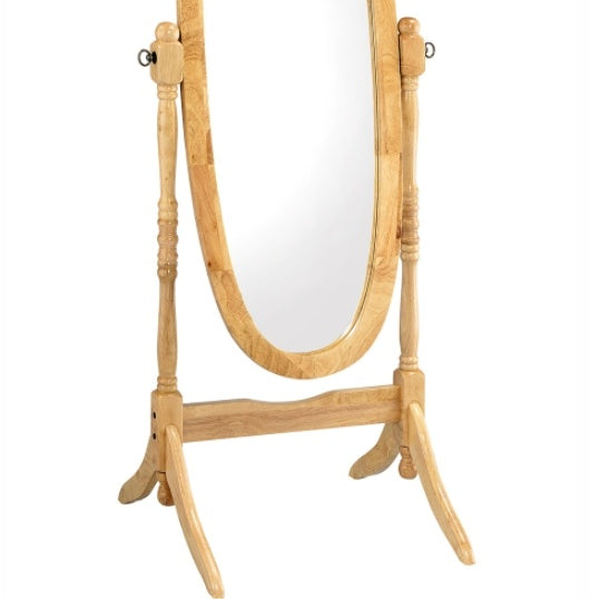 59.25  Tall Standing Wooden Floor Mirror With Natural Finish, Oval Shape