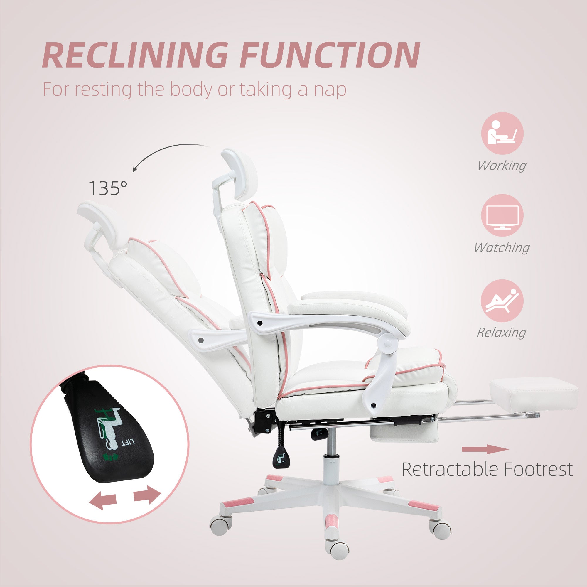 PU Leather Office Chair, Executive Desk Chair With Headrest, Foot Rest, Swivel Wheels, Reclining Computer Chair, White