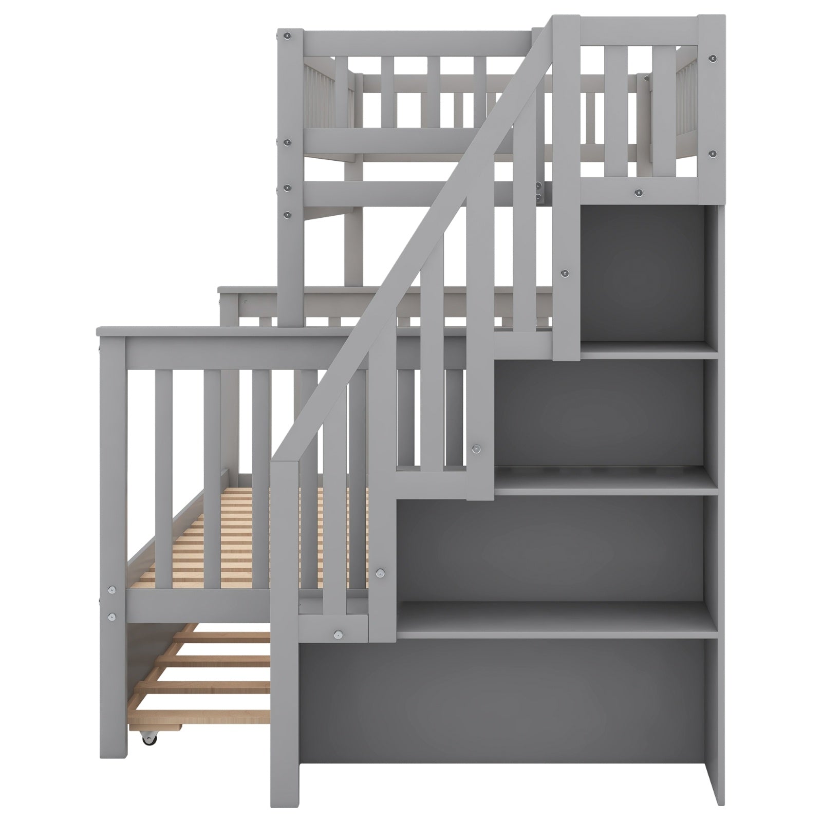 Twin Over Full Bunk Bed With Trundle And Staircase,Gray