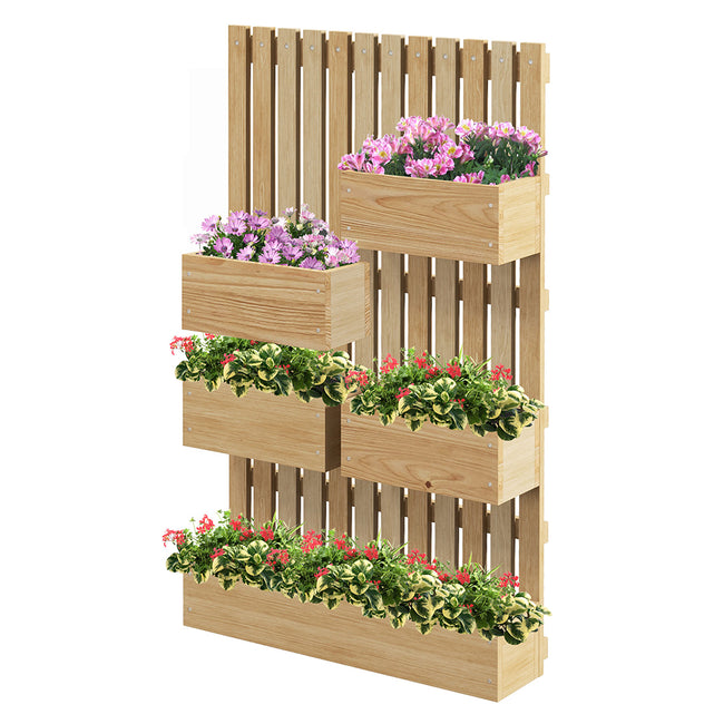 5 Box Raised Garden Bed Trellis For Climbing Plants, Wall-Mounted Wood Planters Drainage Holes, Natural