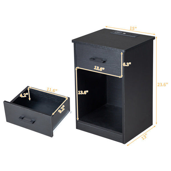 Black Single Drawer Bedside Table With Socket And LED Light
