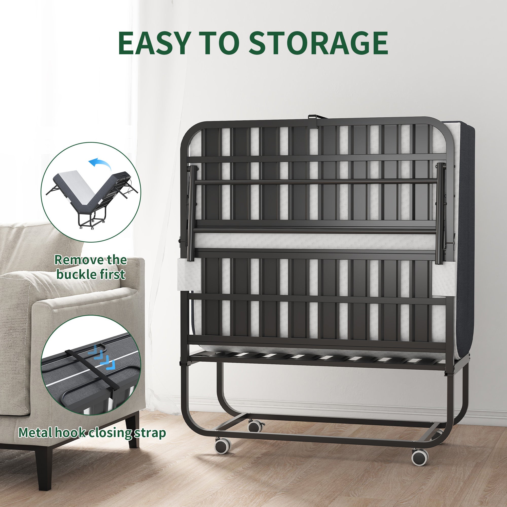 Twin Folding Bed With Memory Foam Mattress, Portable Foldable Extra Bed, Rollaway Bed For Guests, And Sturdy Metal Frame