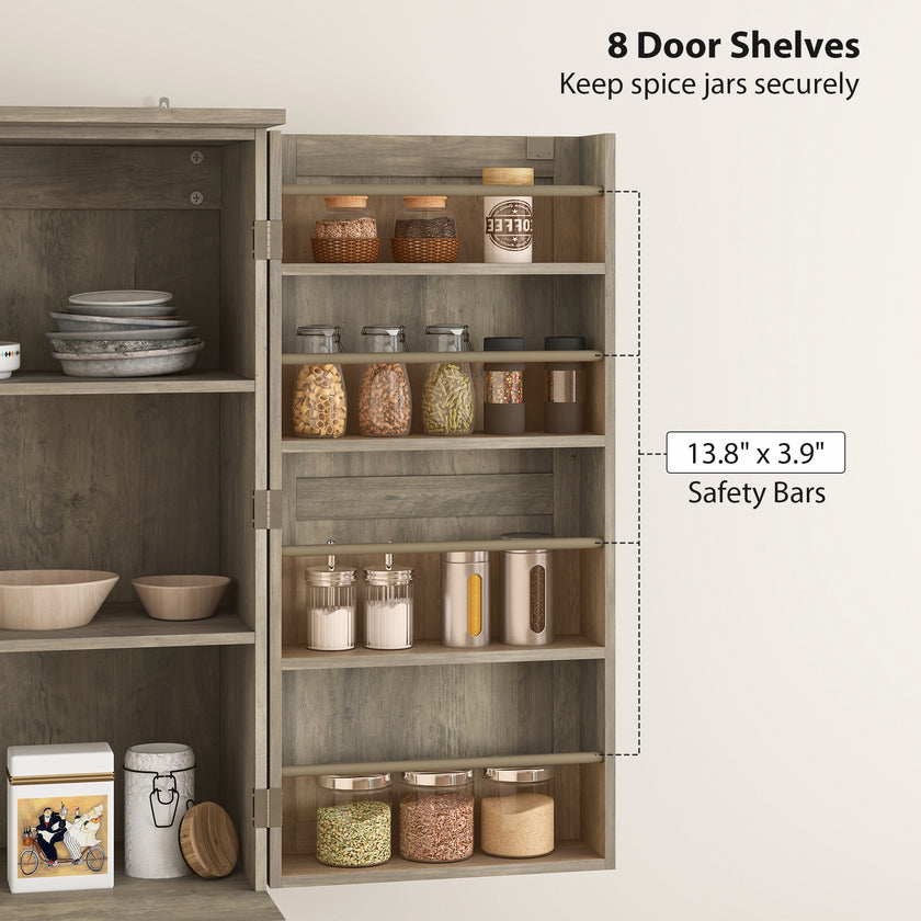 Farmhouse Kitchen Pantry, 72 Tall Pantry Cabinet With 4 Barn Doors, 4 Adjustable Shelves And 8 Door Shelves, Gray Wash