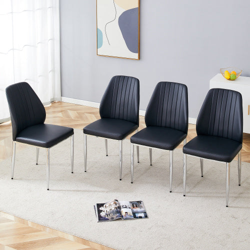 Set Of Four Black PU Comfort Dining Chairs 17.7x25 Dining Chair With Extended Backrest,BLACK PU,Silver Metal Legs,Suitable For Various Places Such As Family Restaurants, Hotels, Coffee Shops,etc.