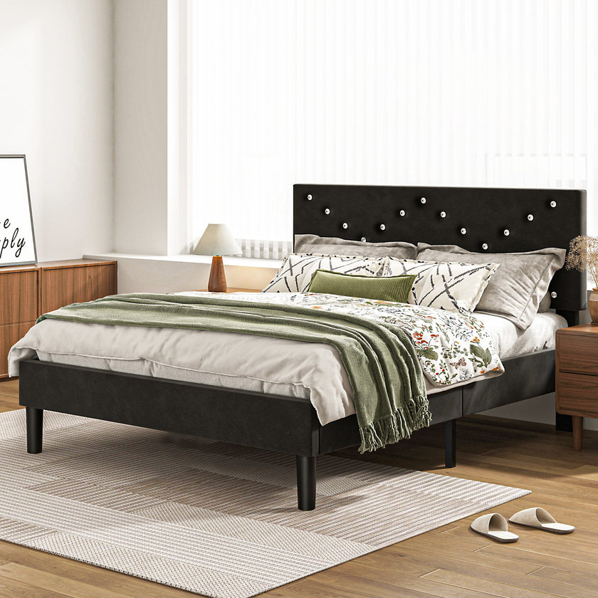 Modern Platform Bed Frame With Upholstered Headboard & Wooden Slats - No Box Spring Needed, Easy Assembly, Black