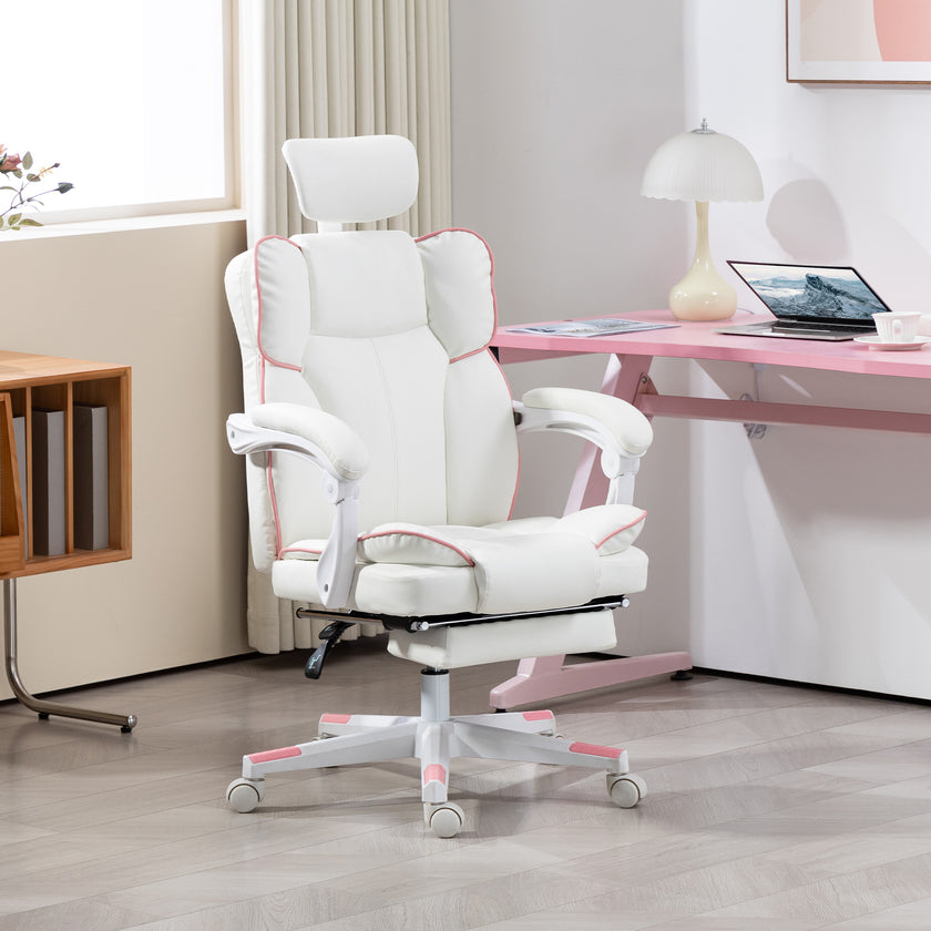 PU Leather Office Chair, Executive Desk Chair With Headrest, Foot Rest, Swivel Wheels, Reclining Computer Chair, White