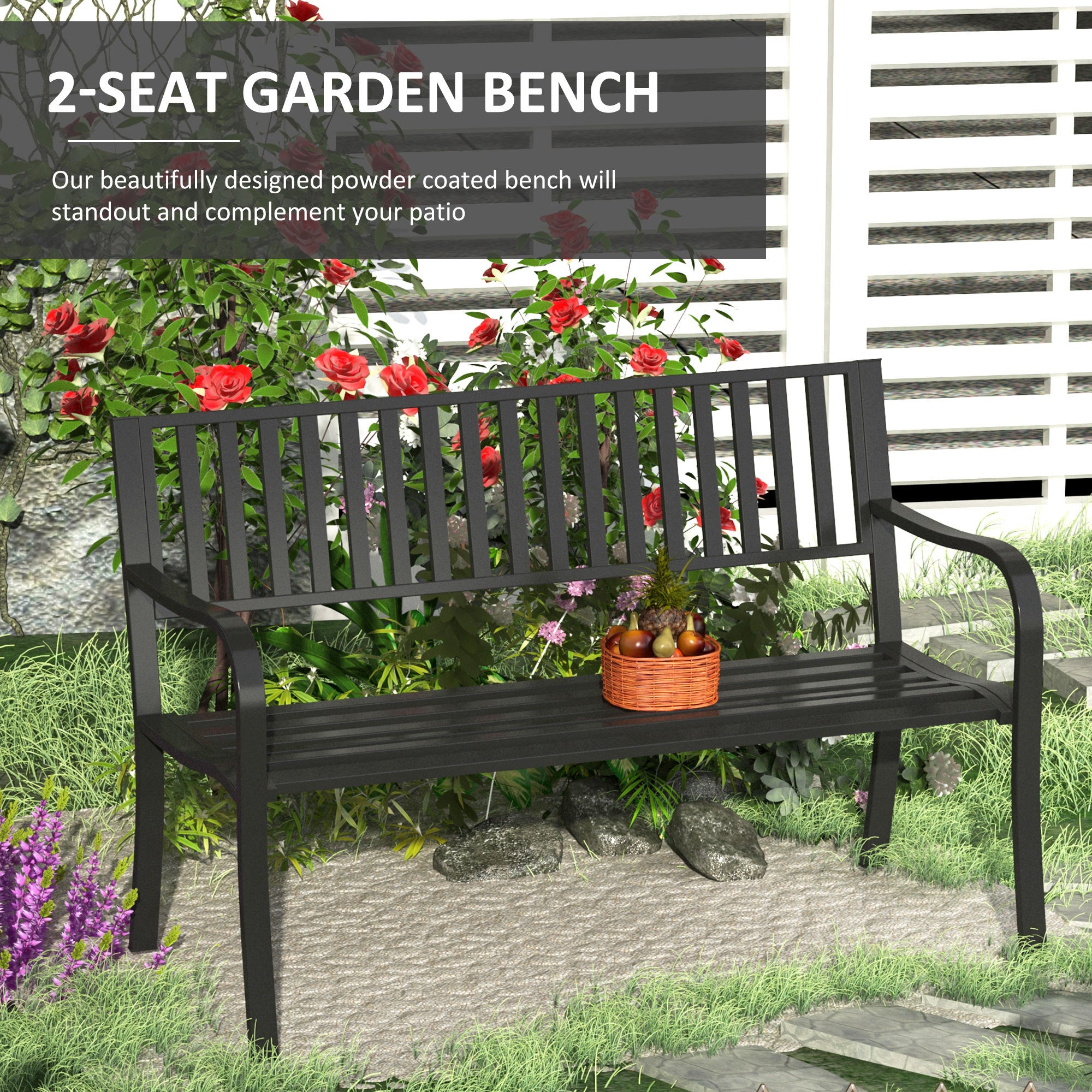 50ft Outdoor Bench Seat, Patio Bench With Slatted Seat, Metal Porch Bench, With 2 Person Design, For Poolside, Lawn, Black