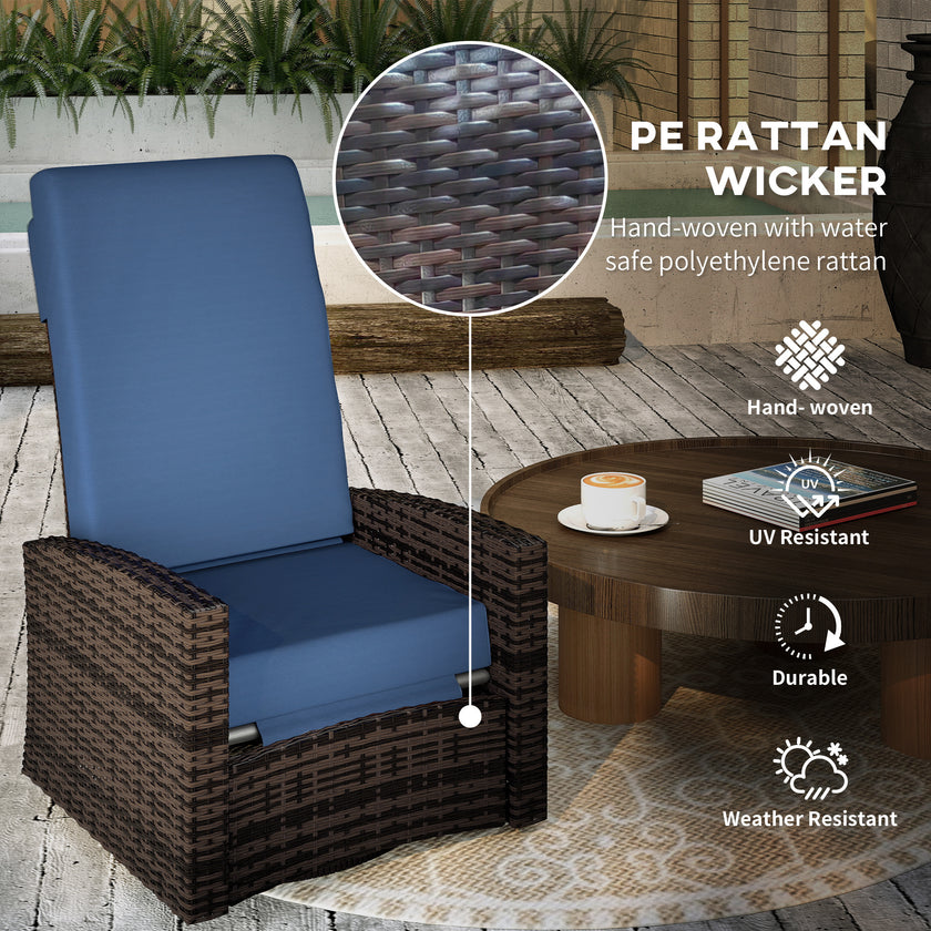 Outdoor Wicker Swivel Recliner Chair, Lifting Footrest, 360 Rotating Basic, Water-resistant Cushions, Dark Blue