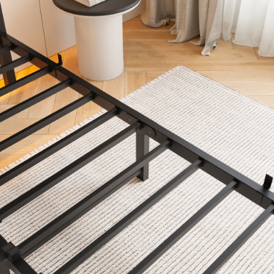 Full Size Metal Bed Frame With Wooden Headboard, RGB Lights, Charger, Storage Shelf, Noise-Free, No Box Spring Needed,Rustic Brown