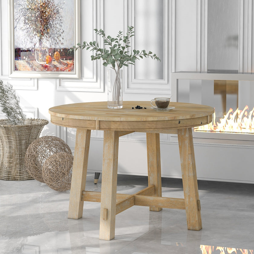 TREXM Farmhouse Extendable Round Dining Table With 16 Leaf Natural Wood