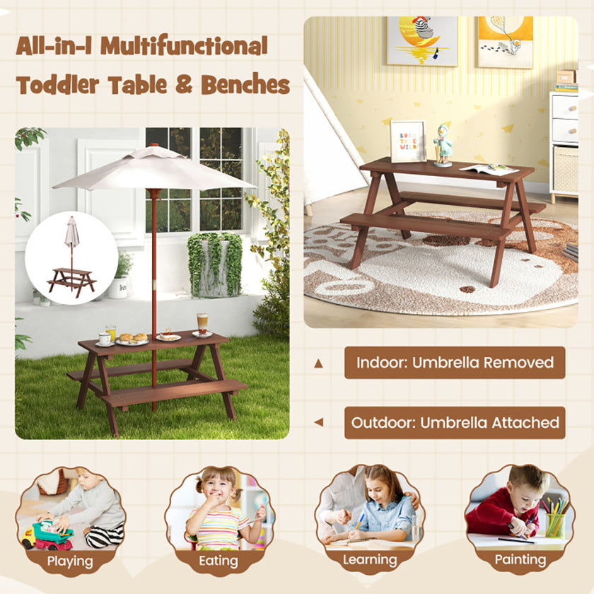 Outdoor 4-Seat Kids Picnic Table Bench Set With Removable Umbrella