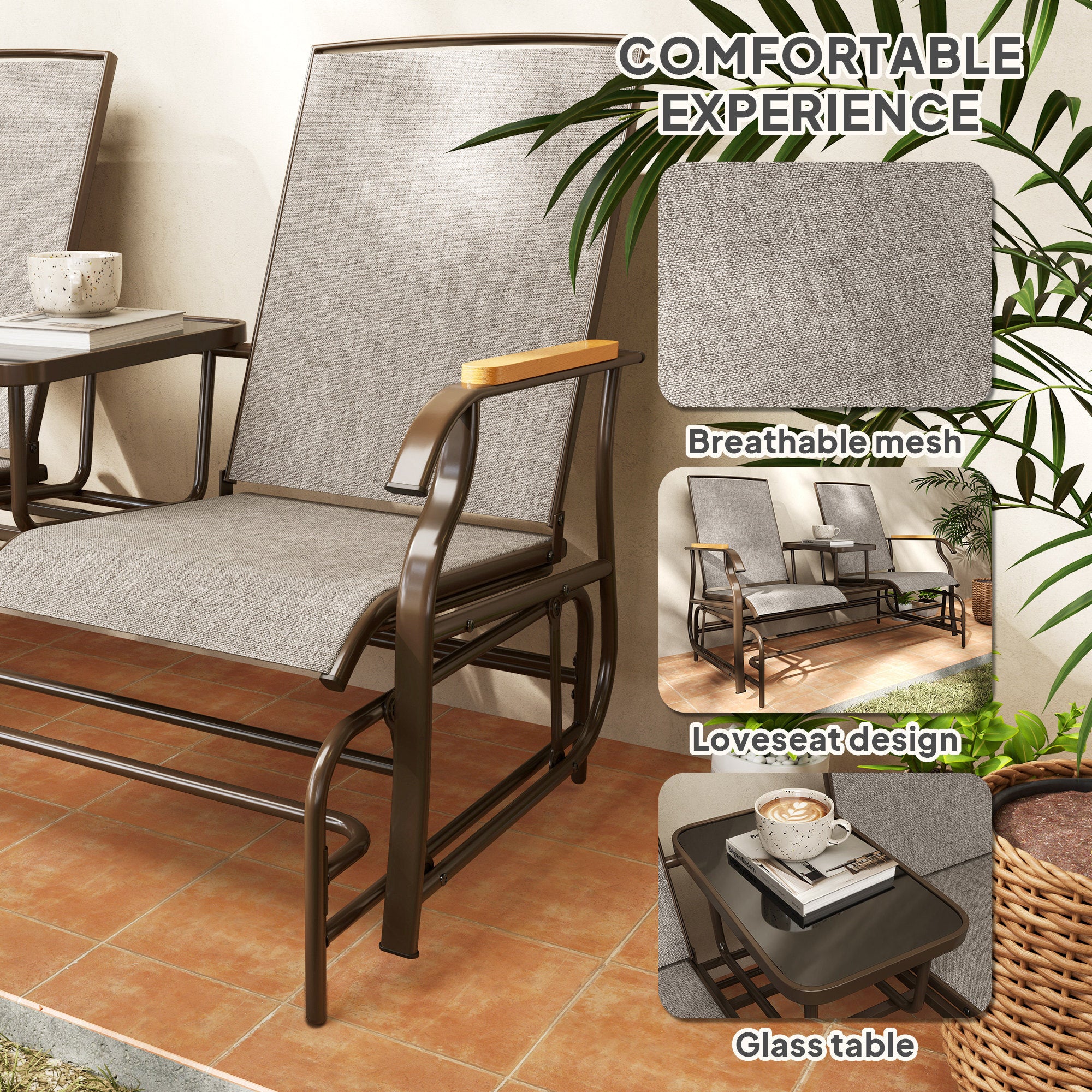 Outdoor 2-Person Glider Bench, Outside Glider Swing Chair Loveseat With Table, Steel Frame, Light Mixed Brown