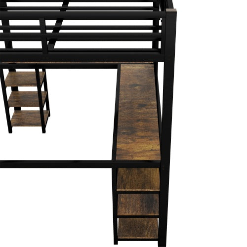 Full XL Metal Loft Bed With Desk And Shelves, Loft Bed With Ladder And Guardrails, Loft Bed Frame For Bedroom, Black