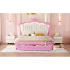 Full Size Upholstered Bed Frame With LED Lights, Modern Upholstered Princess Bed With Crown Headboard, 2 Drawers