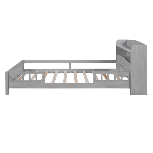 Wood Full Size Platform Bed With Built-in LED Light, Storage Headboard And Guardrail, Antique Grey