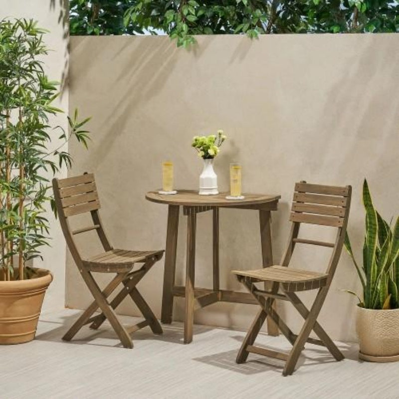 Outdoor 3-piece Set Of Semi-circular Folding Acacia Weather-resistant Bistro Table And Chairs, Space-saving, Gray