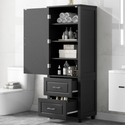 Tall Bathroom Storage Cabinet, Freestanding Storage Cabinet With Two Drawers And Adjustable Shelf, MDF Board With Painted Finish