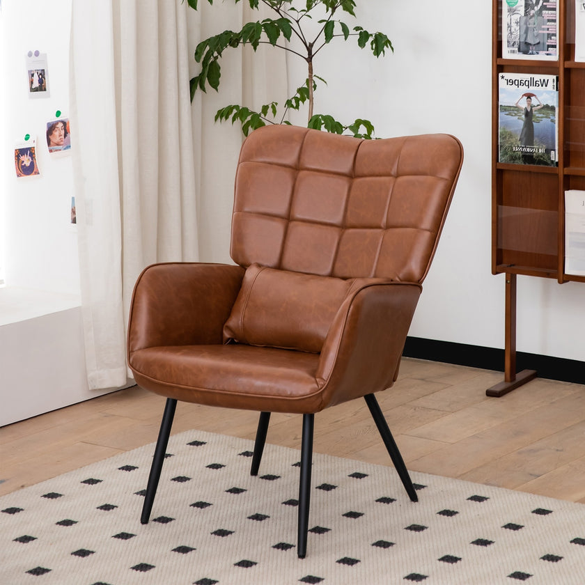 Bonded Leather Armchair, Modern High Back Accent Chair With Metal Legs
