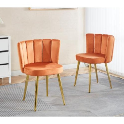 Modern ORANGE Dining Chair  Set Of 2   With Iron Tube Golden Color Legs, Velvet And Comfortable Backrest, Suitable For Dining Room, Living Room, Cafe, Simple Structure