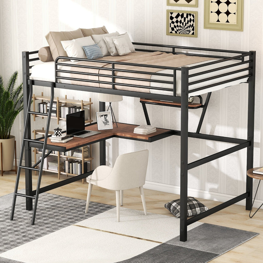 Full Size Loft Metal&MDF Bed With Desk And Shelf, Black