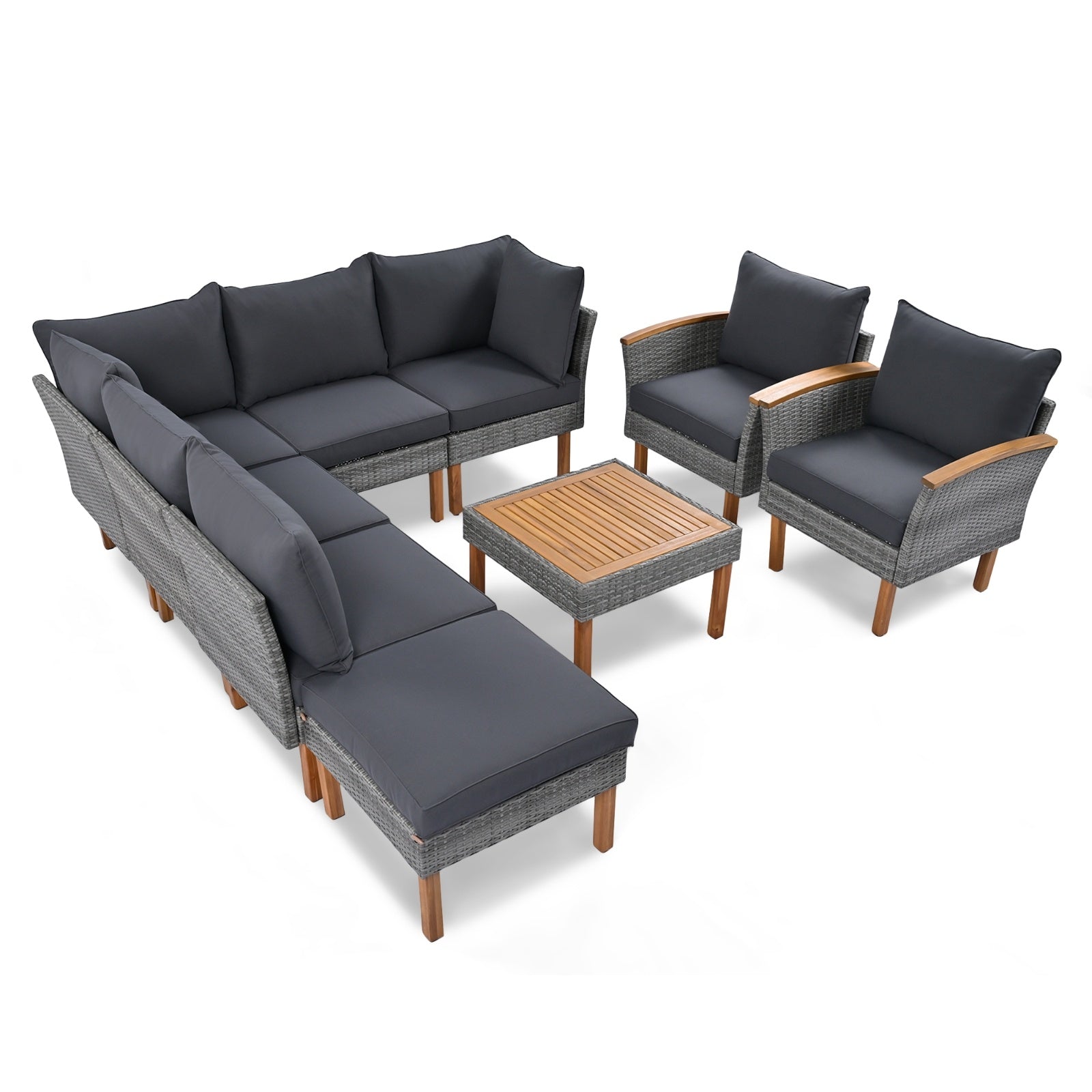 9-Piece Patio Rattan Set With Acacia Wood Legs & Tabletop, Outdoor Conversation