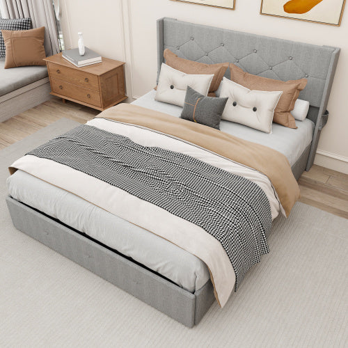 Full Size Bed Frame With Gas Lift Storage Bed With Modern Wingback Headboard, USB