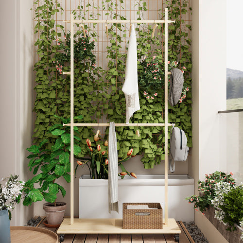 Solid Wood Garment Clothes Rack With 6 Wooden Hangers, Space-Saving Design, Adjustable Shelf, And Wheels For Easy Mobility  Perfect For Bedroom, Living Room, Or Entryway