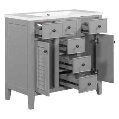 36 Bathroom Vanity With Ceramic Basin, Two Cabinets And Five Drawers, Solid Wood Frame, Grey