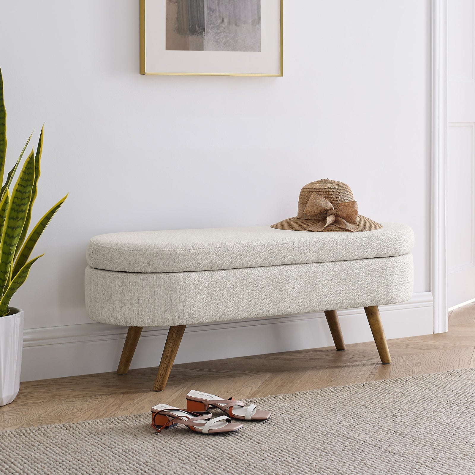 Ottoman Oval Storage Bench,Rubber Wood Legs, Beige 43.5x16x16