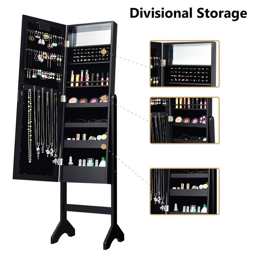 Mirrored Standing Jewelry Armoire Cabinet With LED Lights