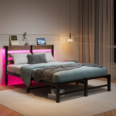 Full Size Metal Bed Frame With Wooden Headboard, RGB Lights, Charger, Storage Shelf, Noise-Free, No Box Spring Needed,Rustic Brown