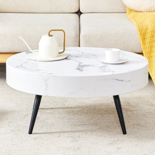31.5 White Marble-Patterned MDF Round Coffee Table With Black Metal Legs.Adjustable Feet,Coffee Table,Round Table Design,MDF Material,White Marble Pattern