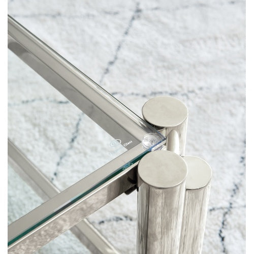 50 Wide Rectangle Modern Stainless Steel Coffee Table, Double-Layer Clear Tempered Glass Coffee Table, Center Table With Storage, For Living Room Home Office, Easy Assembly, Silver