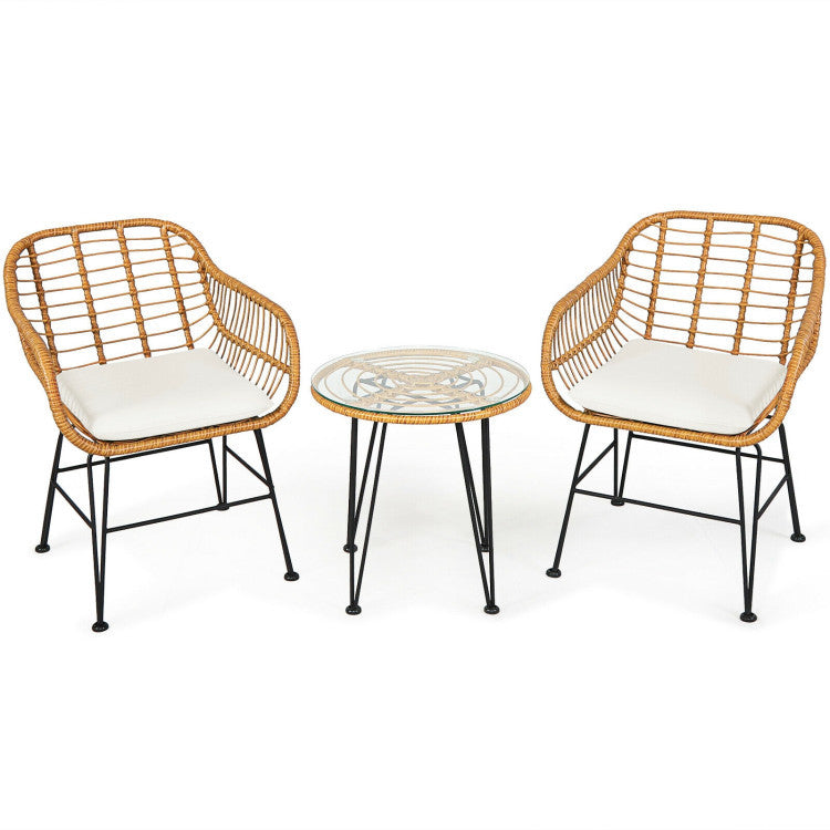 3 Pieces Rattan Furniture Set With Cushioned Chair Table