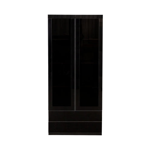 Display Cabinet With Glass Doors, Curio Storage Cabinet With 2-Drawer, Bookcase With LED Lights, Black