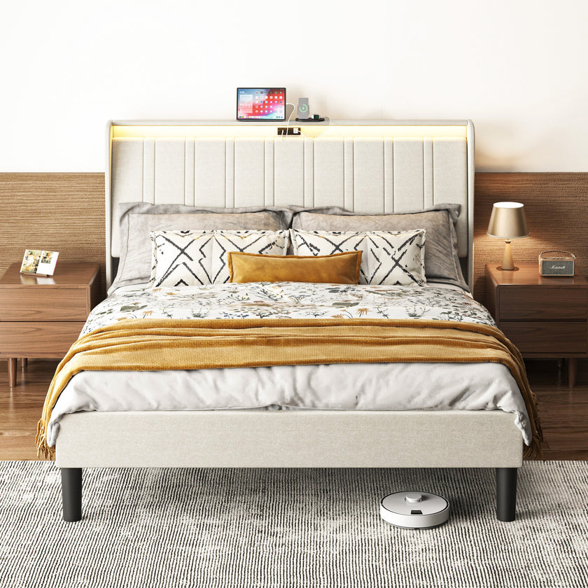 Platform Bed Frame With Fabric Upholstered Headboard And Wooden Slats Support, Fully Upholstered Mattress